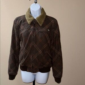 Vintage Rip Curl Brown Plaid Bomber Wool Blend Jacket with Faux Fur Collar Sz L